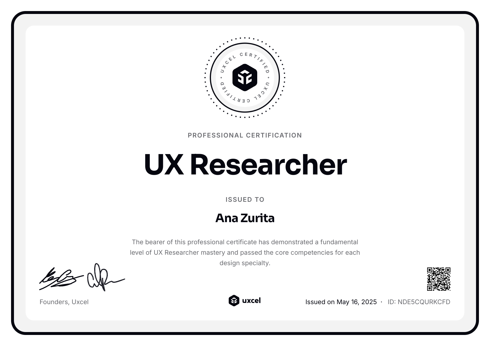 Ana Zurita's certificate